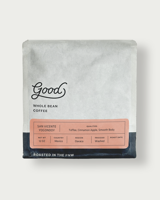 A bag of Good Coffee Mexico San Vicente Yogondoy whole bean coffee.